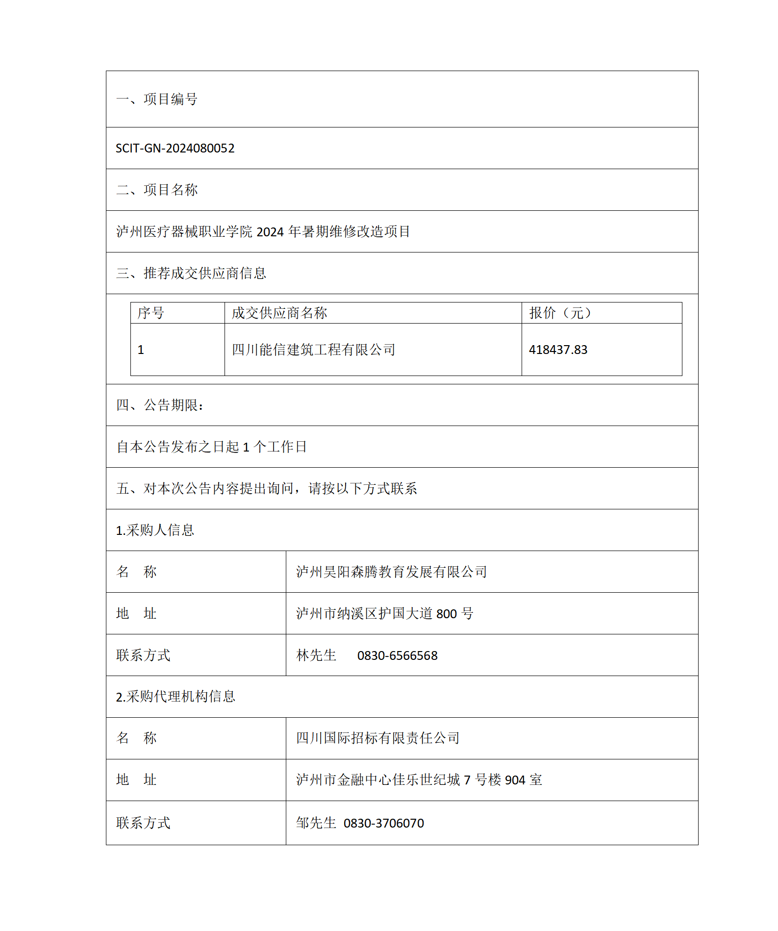 瀘州醫(yī)療器械職業(yè)學院2024年暑期維修改造項目成交結果公告_01.png